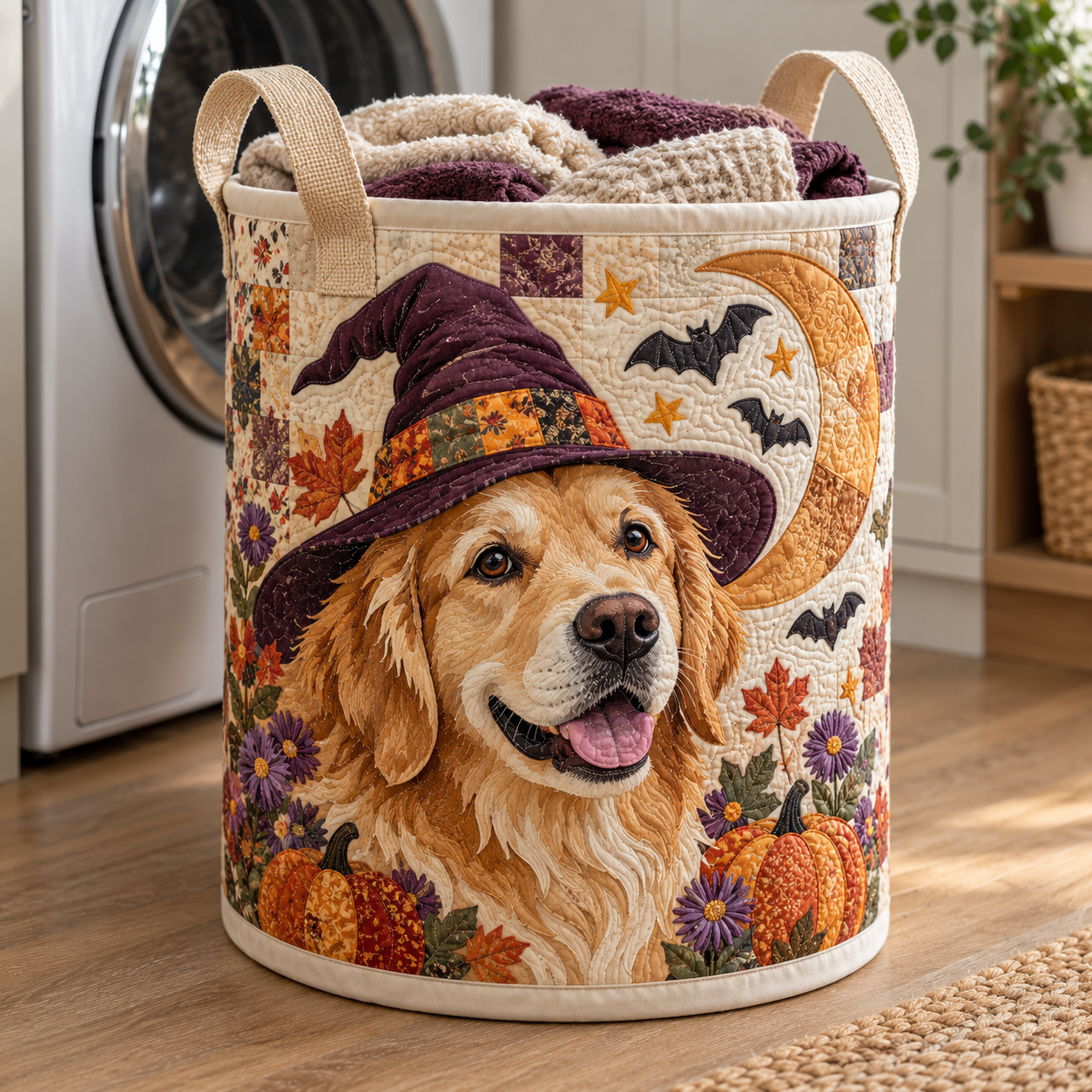 Golden Retriever Witch Hat Quilted Laundry Basket