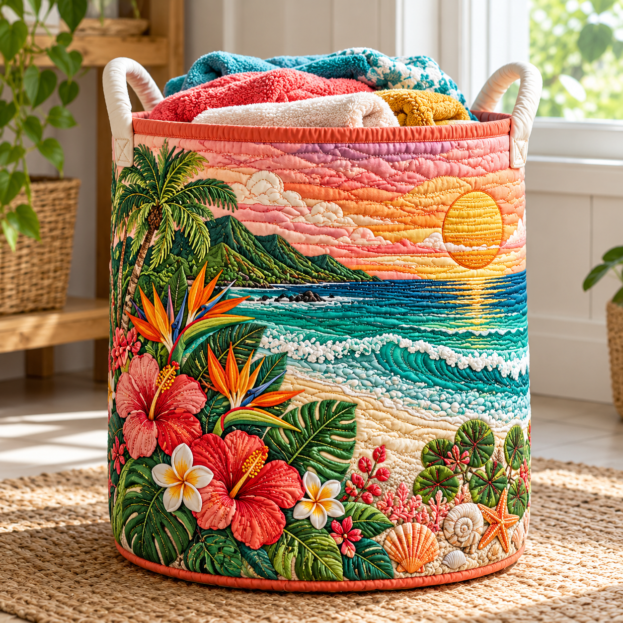 Tropical Beach Sunset Quilted Laundry Basket