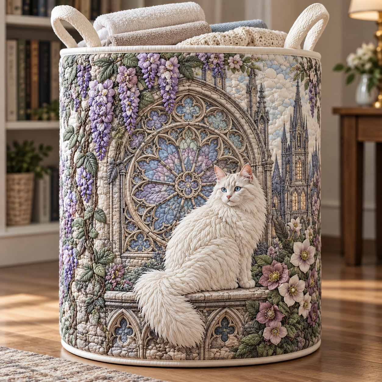 Stained Glass White Cat Wisteria Quilted Laundry Basket