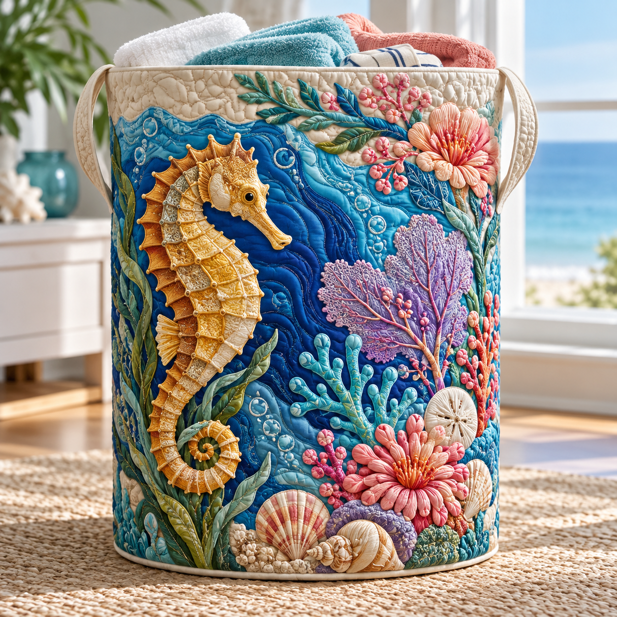 Seahorse Coral Reef Quilted Laundry Basket