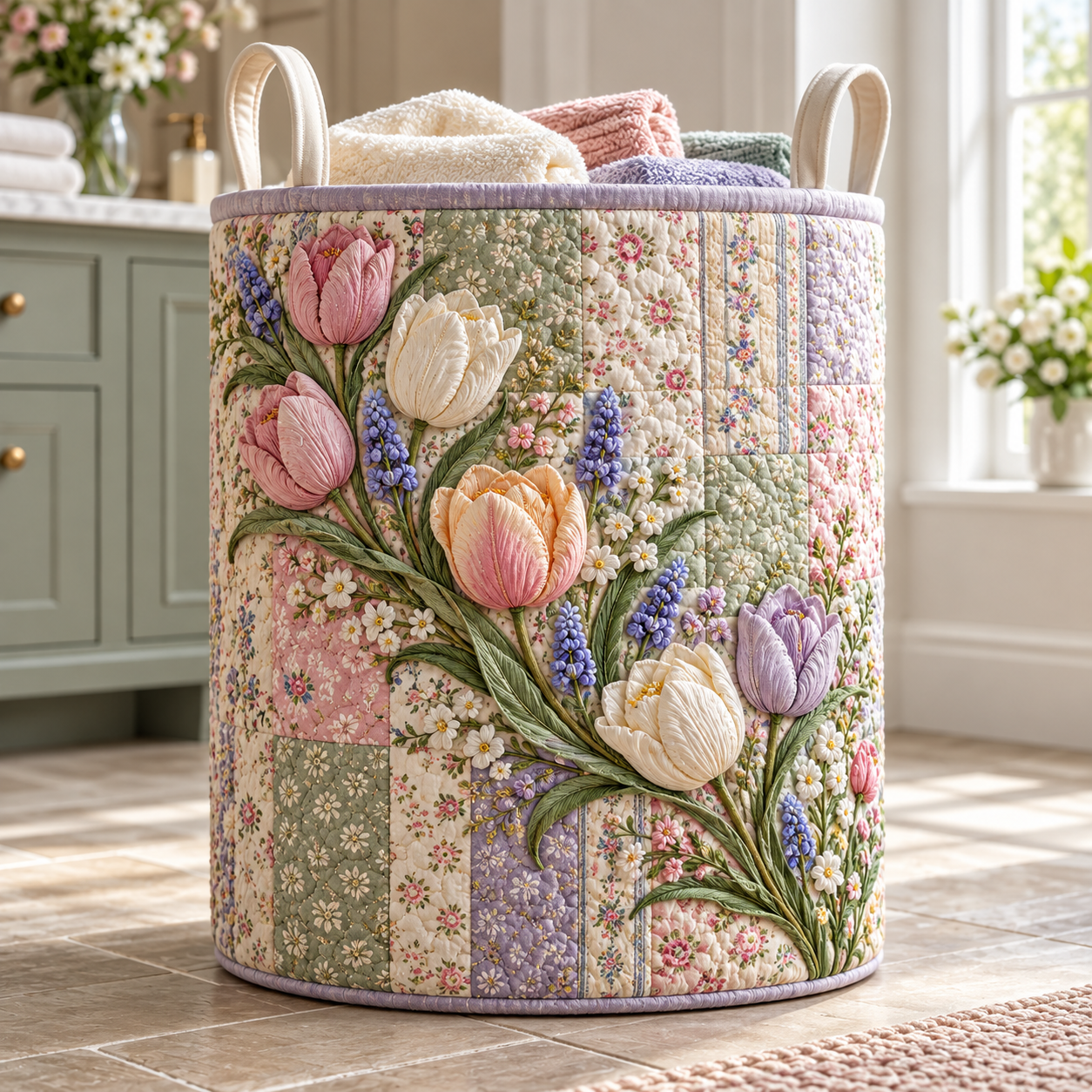 Tulip Lavender Patchwork Garden Quilted Laundry Basket