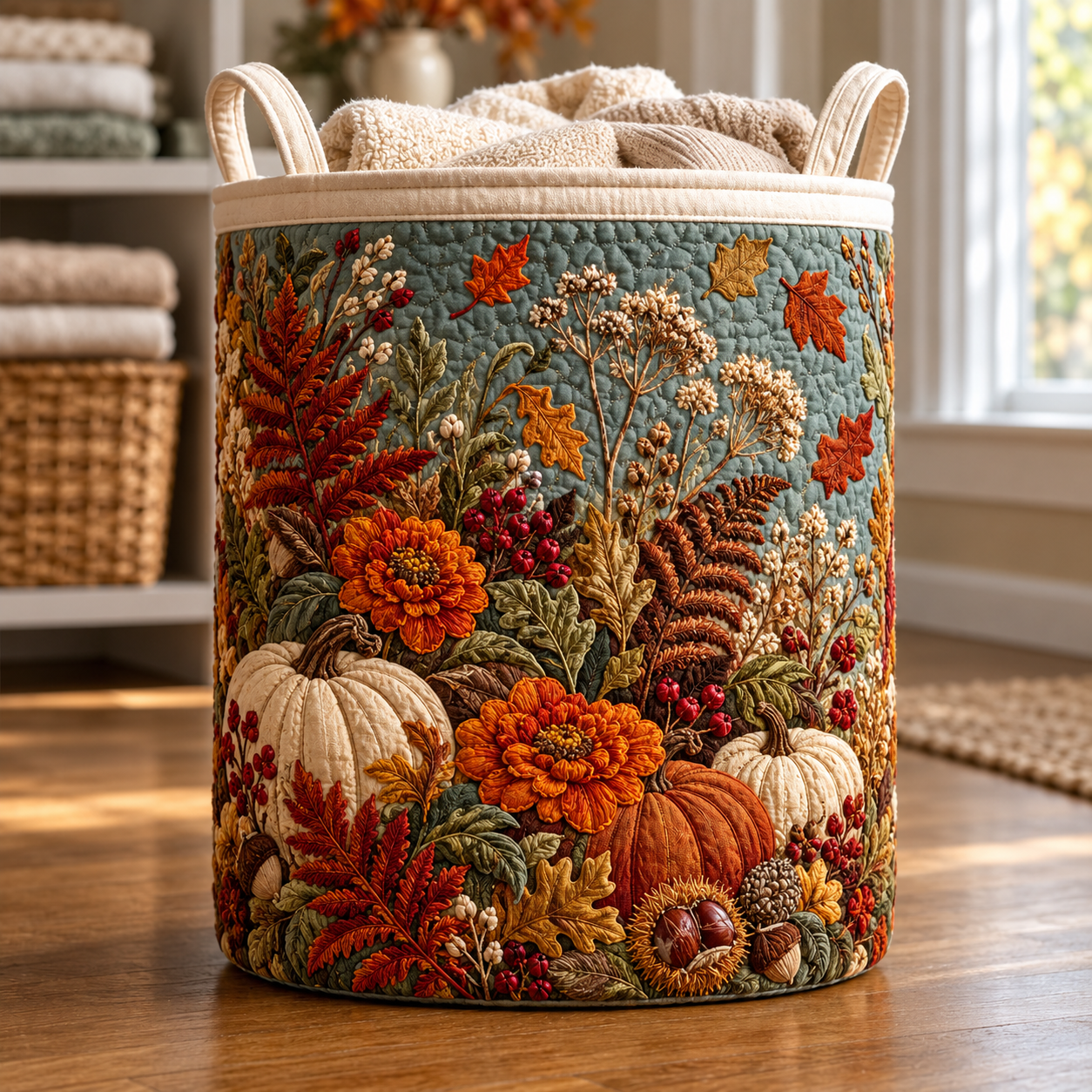 Pumpkin Marigold Fall Garden Quilted Laundry Basket
