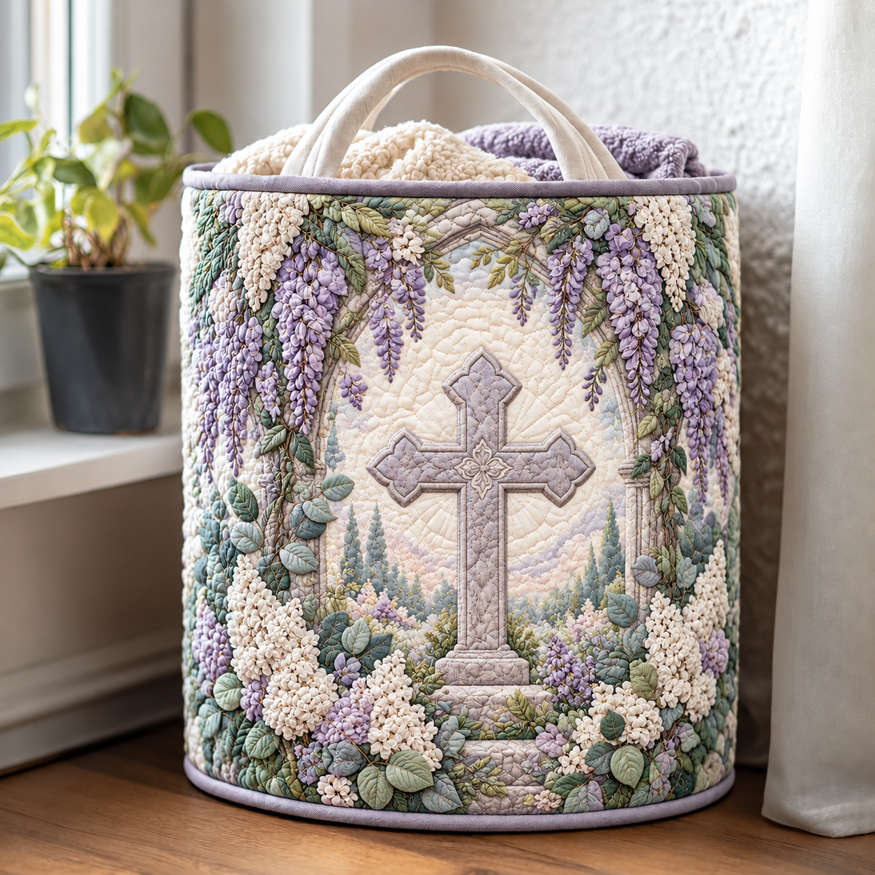 Lavender Garden Cross Quilted Laundry Basket