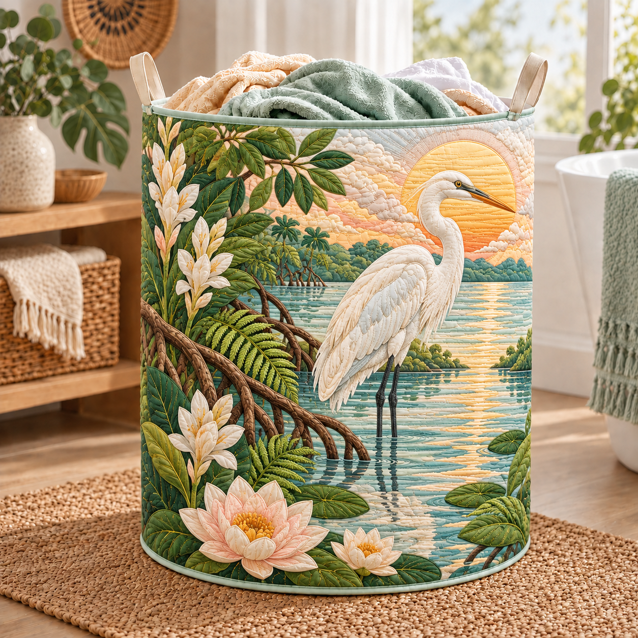 White Heron Lotus Lagoon Quilted Laundry Basket