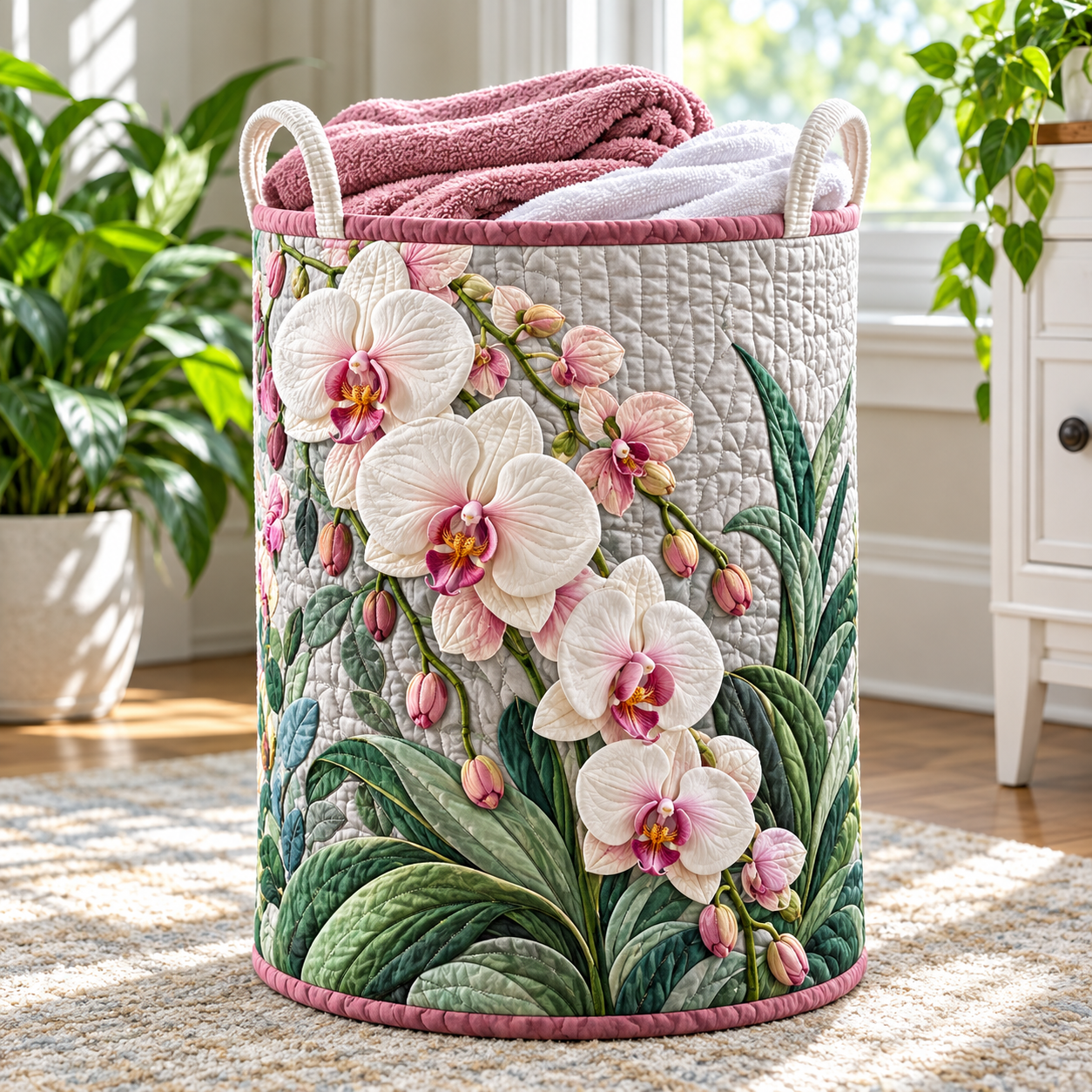 Blush Pink Phalaenopsis Orchid Quilted Laundry Basket