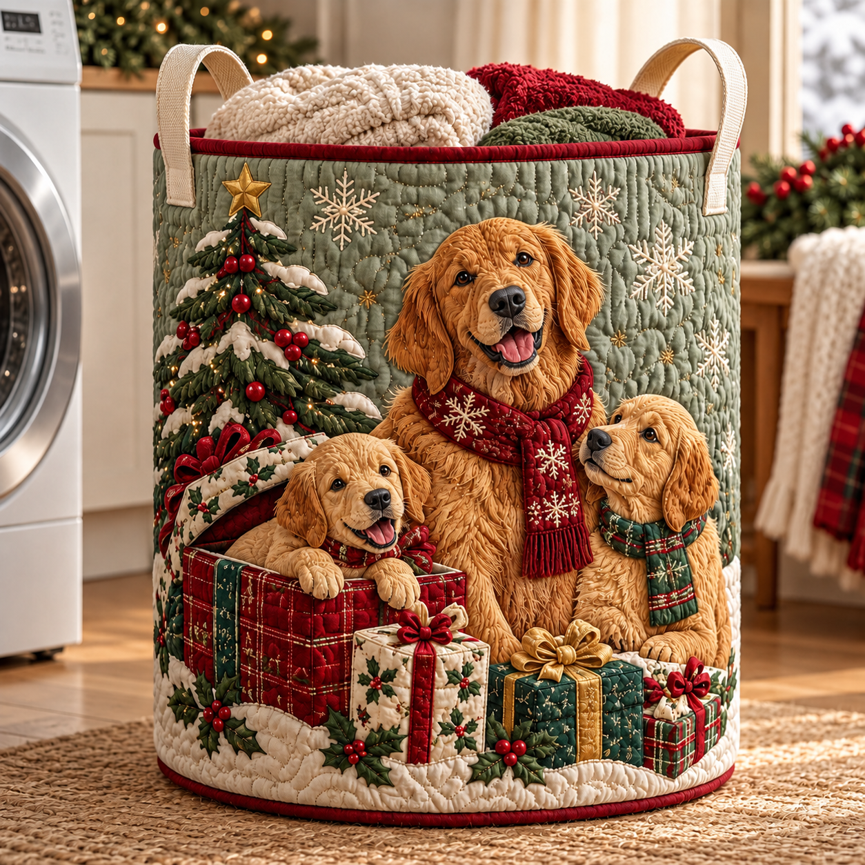 Golden Retriever Christmas Family Quilted Laundry Basket