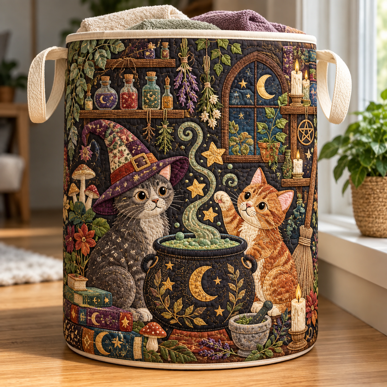 Witch Cats Potion Night Quilted Laundry Basket