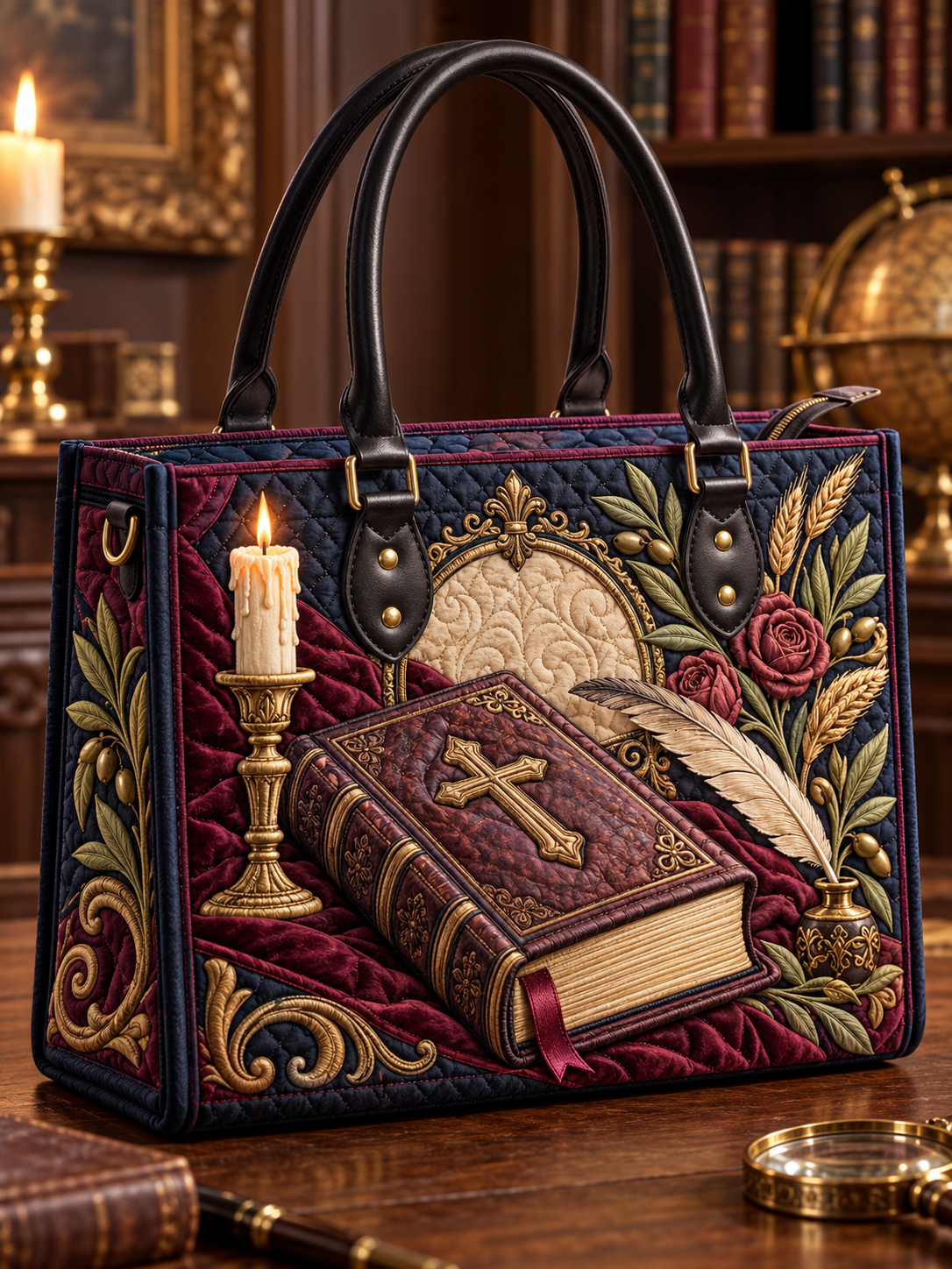 Heirloom Bible Cross Candle Quilted Leather Strap Bible Handbag