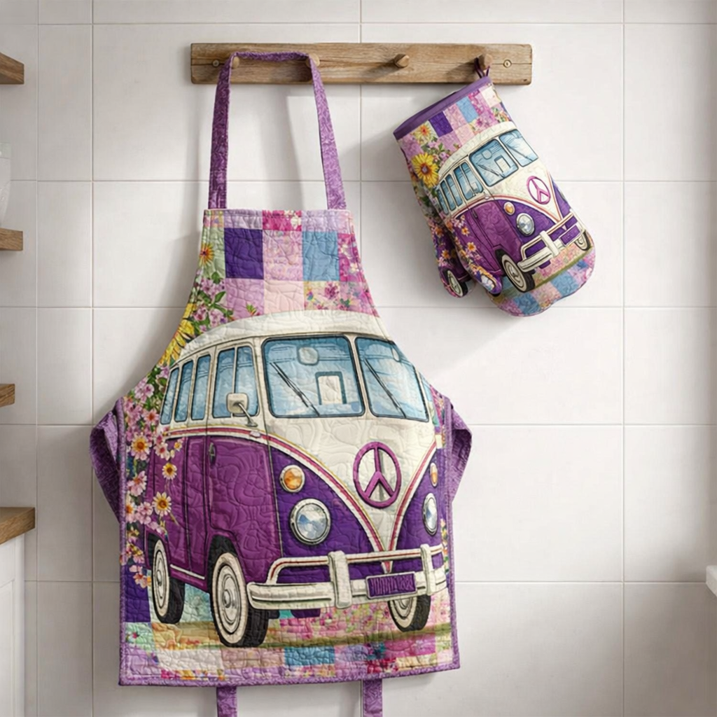 Hippie Van Quilted Apron Set (2-Piece) – Padded Apron + Heat-Resistant Oven Mitts