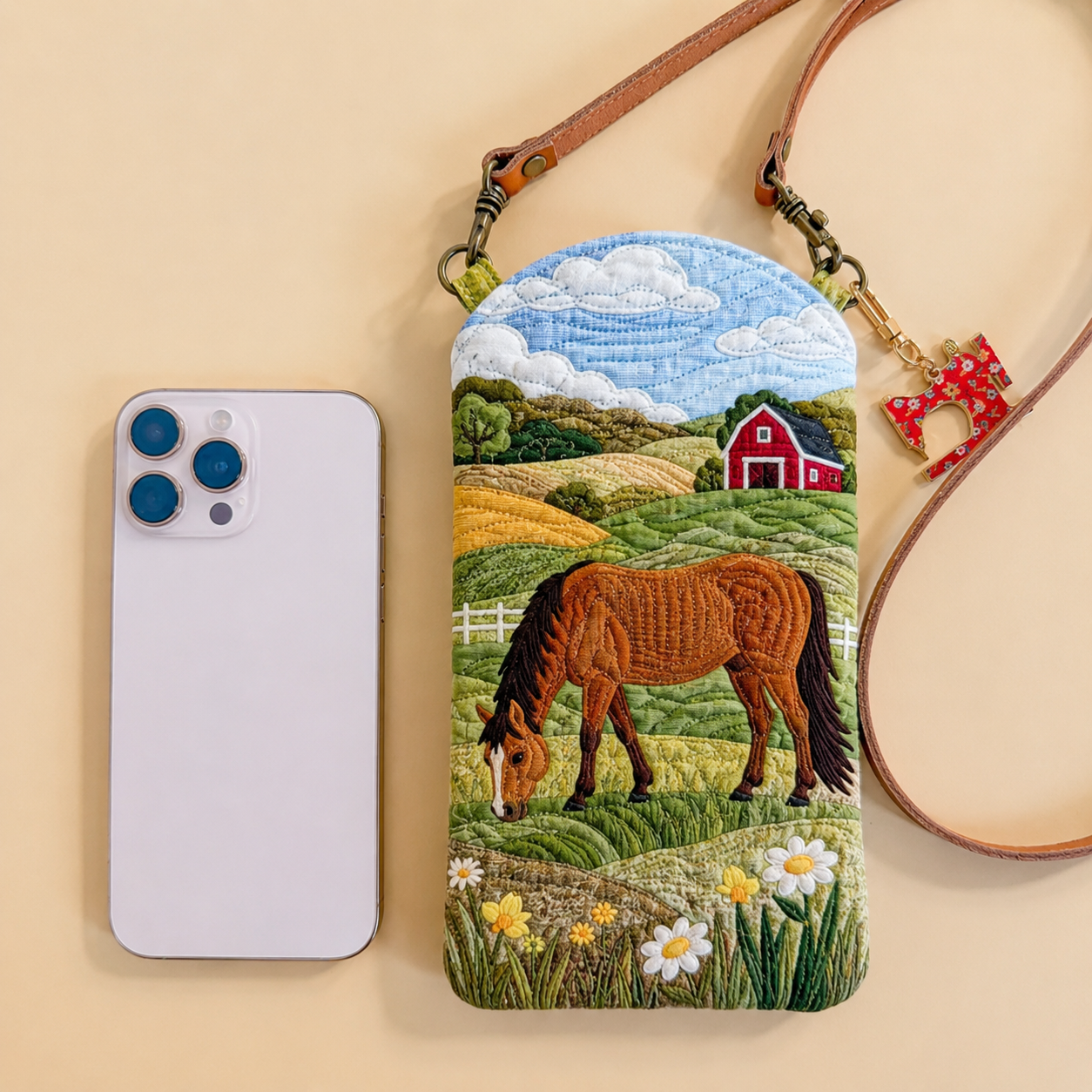 Grazing Farm Horse Quilted Slim Phone Crossbody Bag