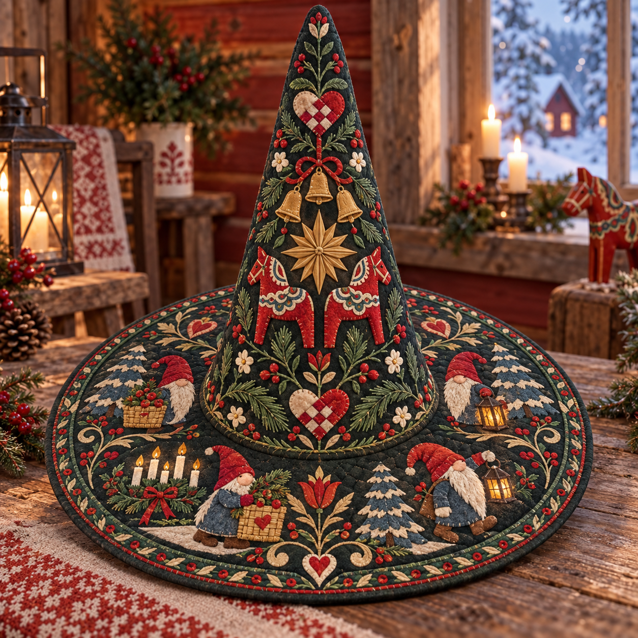 Nordic Christmas Tree & Birds Quilted Witch Hat