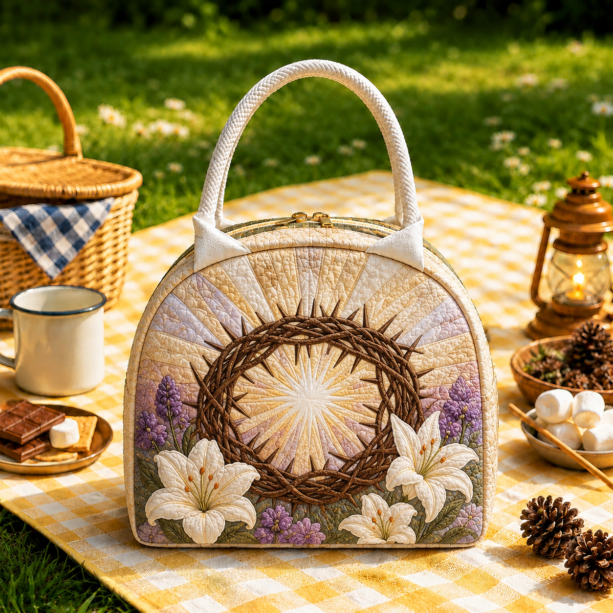 Crown of Thorns & Lilies Quilted Lunch Bag