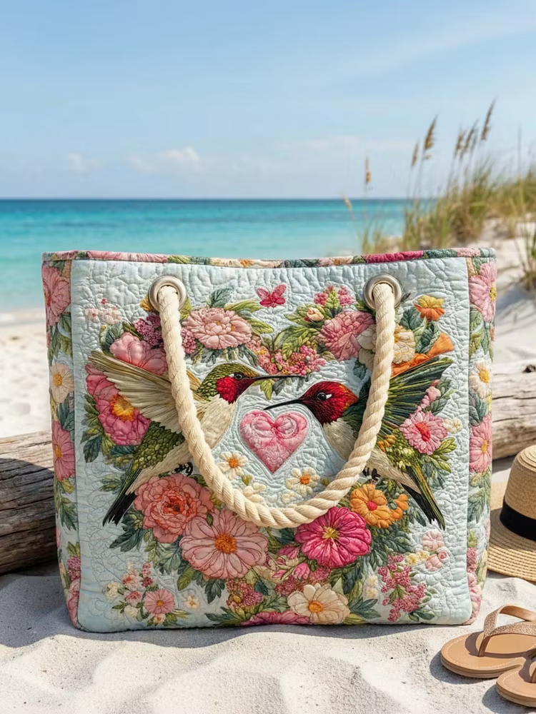Love Hummingbird Quilted Beach Bag