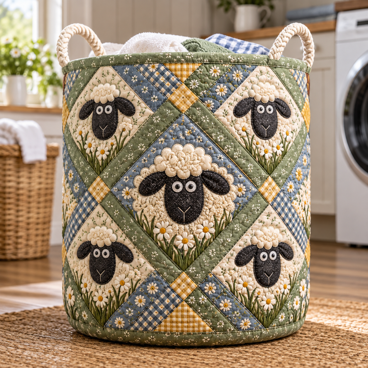 Sheep Patchwork Meadow Quilted Laundry Basket