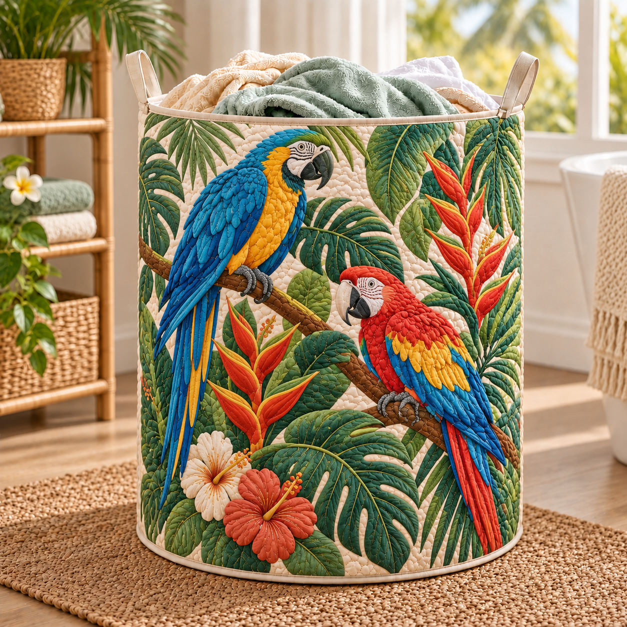 Tropical Parrot Garden Quilted Laundry Basket