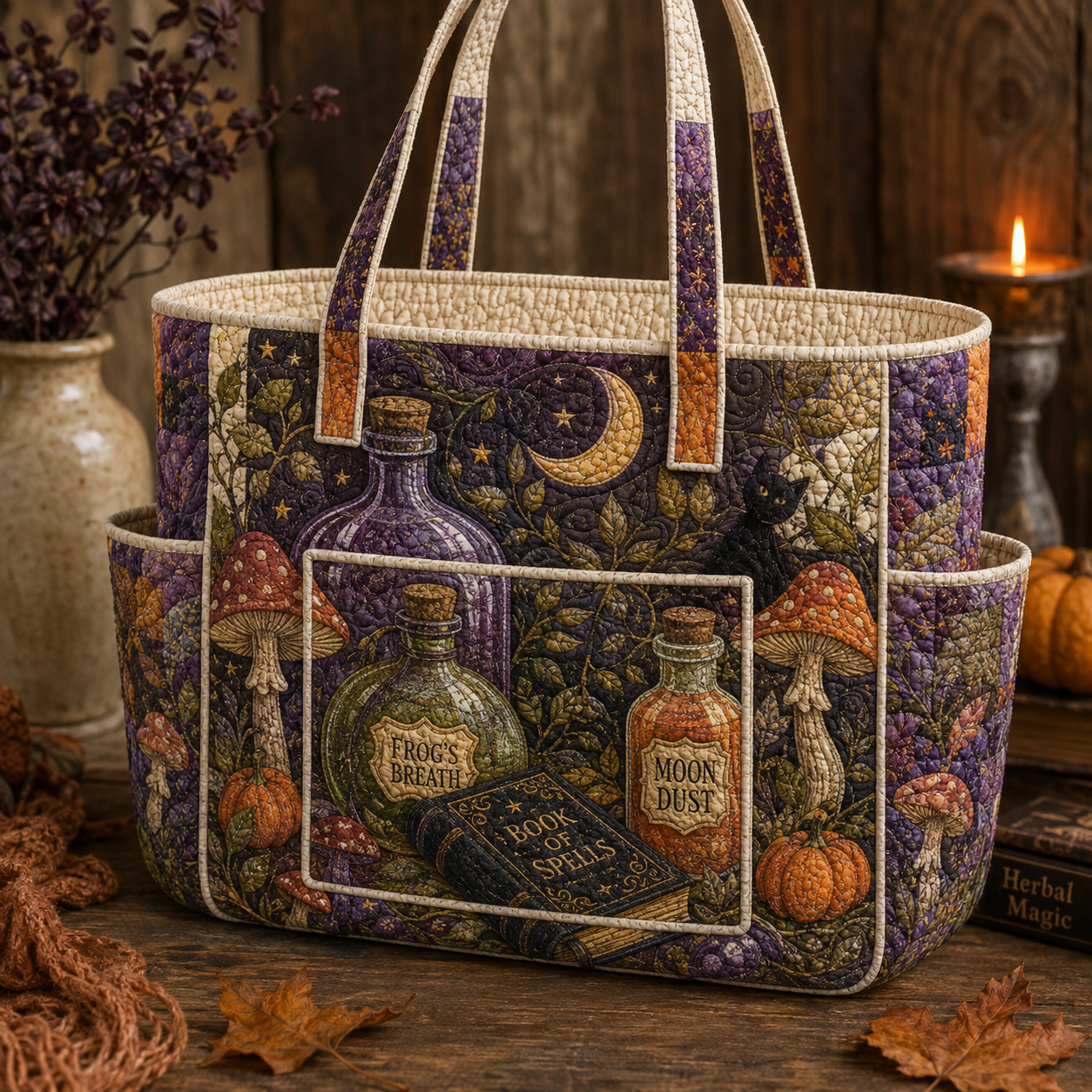 Witch Potion Mushroom Multiple Pockets Quilted Tote Bag