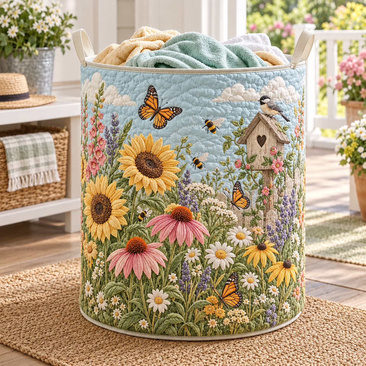 Sunflower Butterfly Meadow Quilted Laundry Basket