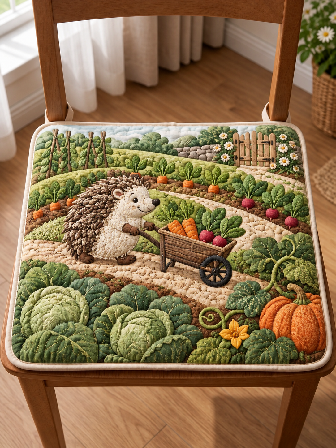 Hedgehog Vegetable Patch Quilted Chair Cushion