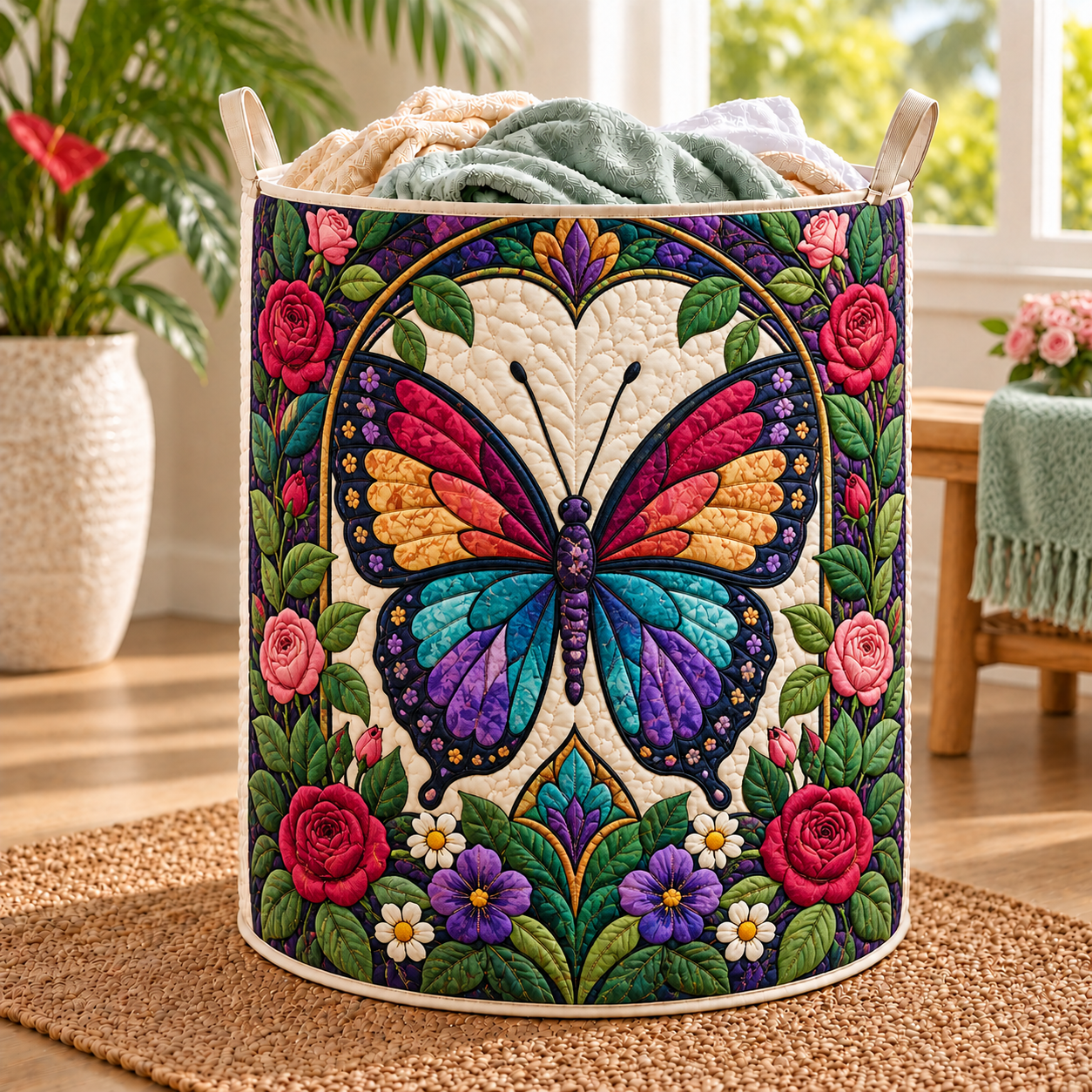 Stained Glass Butterfly Rose Quilted Laundry Basket