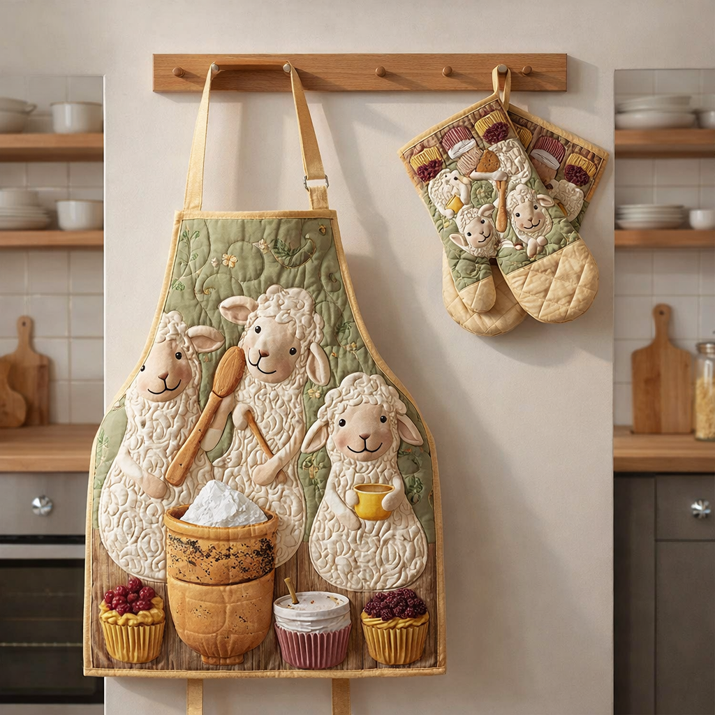 Sheep Baking Quilted Apron Set (2-Piece) – Padded Apron + Heat-Resistant Oven Mitts