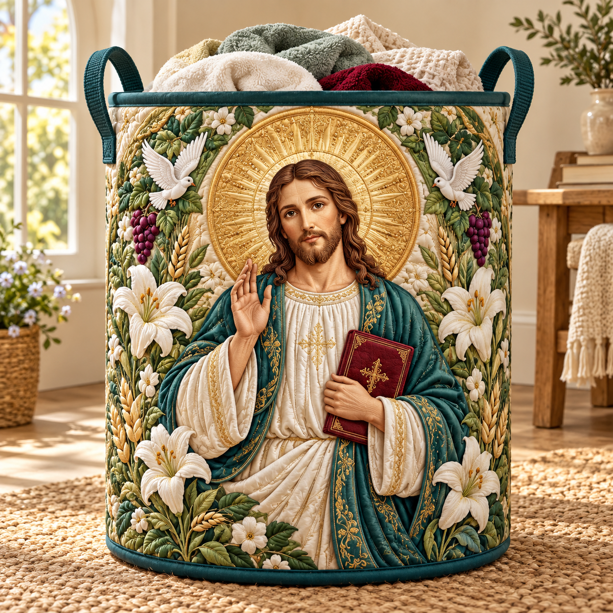 Jesus Blessing Floral Quilted Laundry Basket
