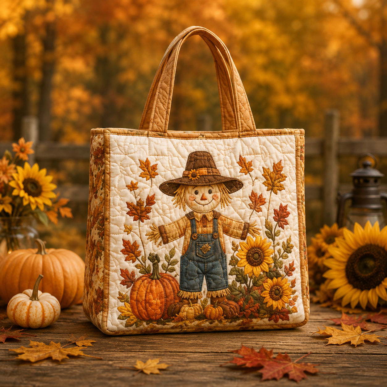Scarecrow Sunflower Farm Quilted Tote Bag