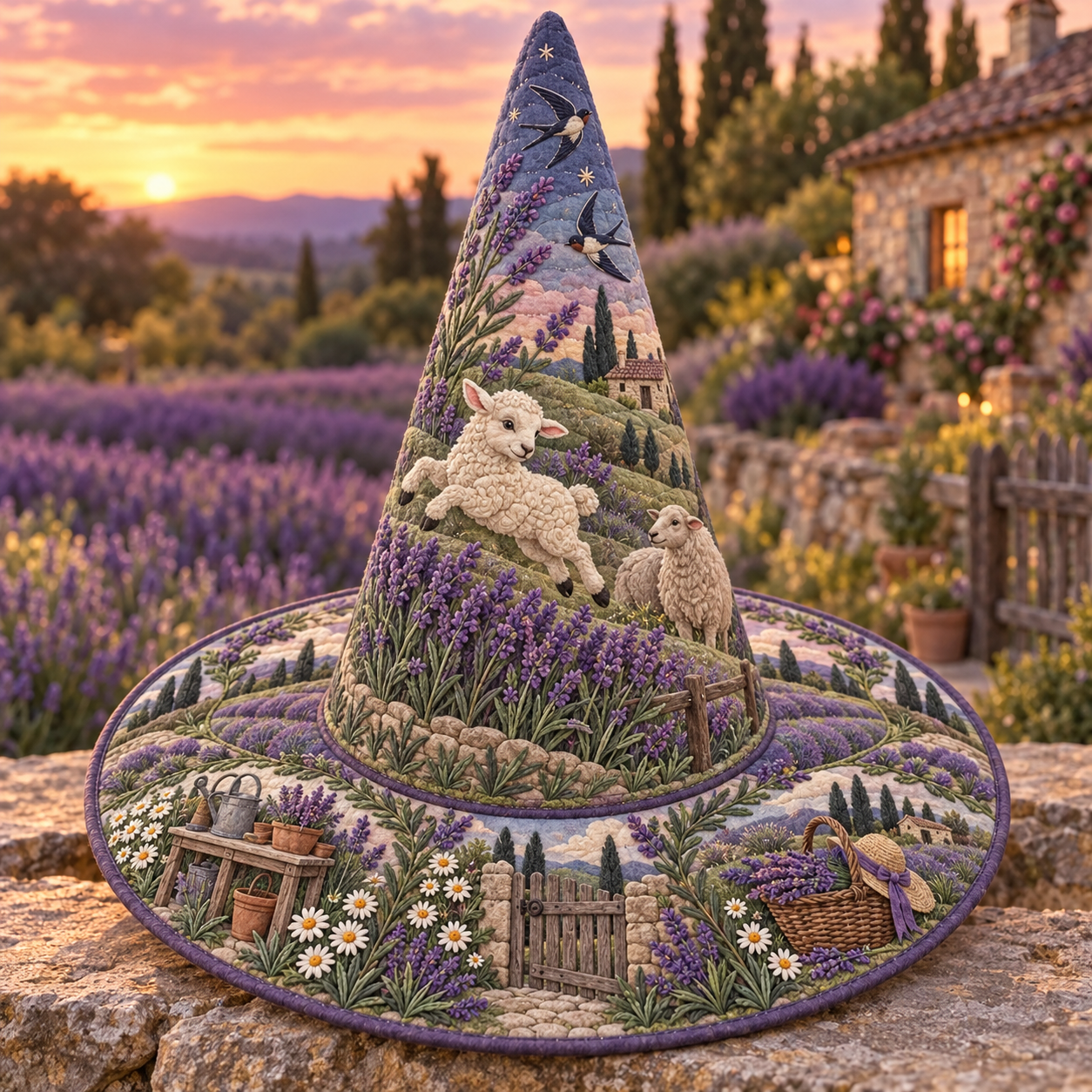 Lavender Field Sheep Quilted Witch Hat