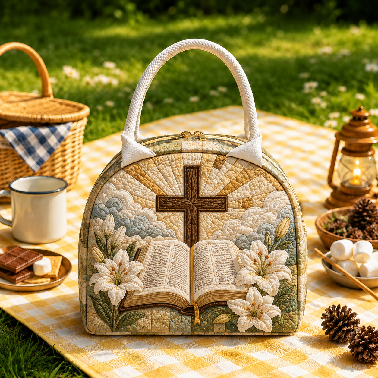 Cross & Lily Open Bible Quilted Lunch Bag