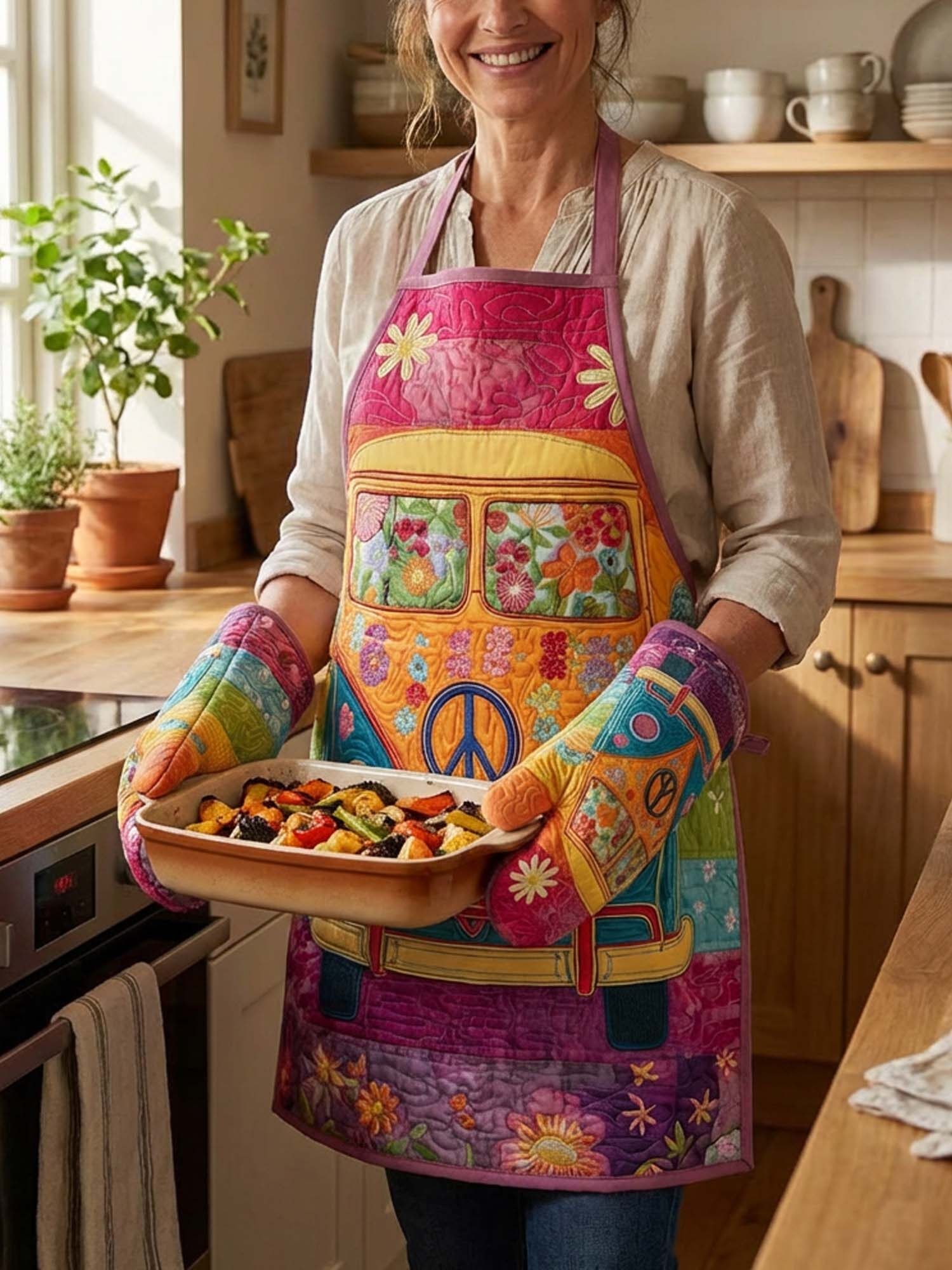 Hippie Van Quilted Apron Set (2-Piece) – Padded Apron + Heat-Resistant Oven Mitts