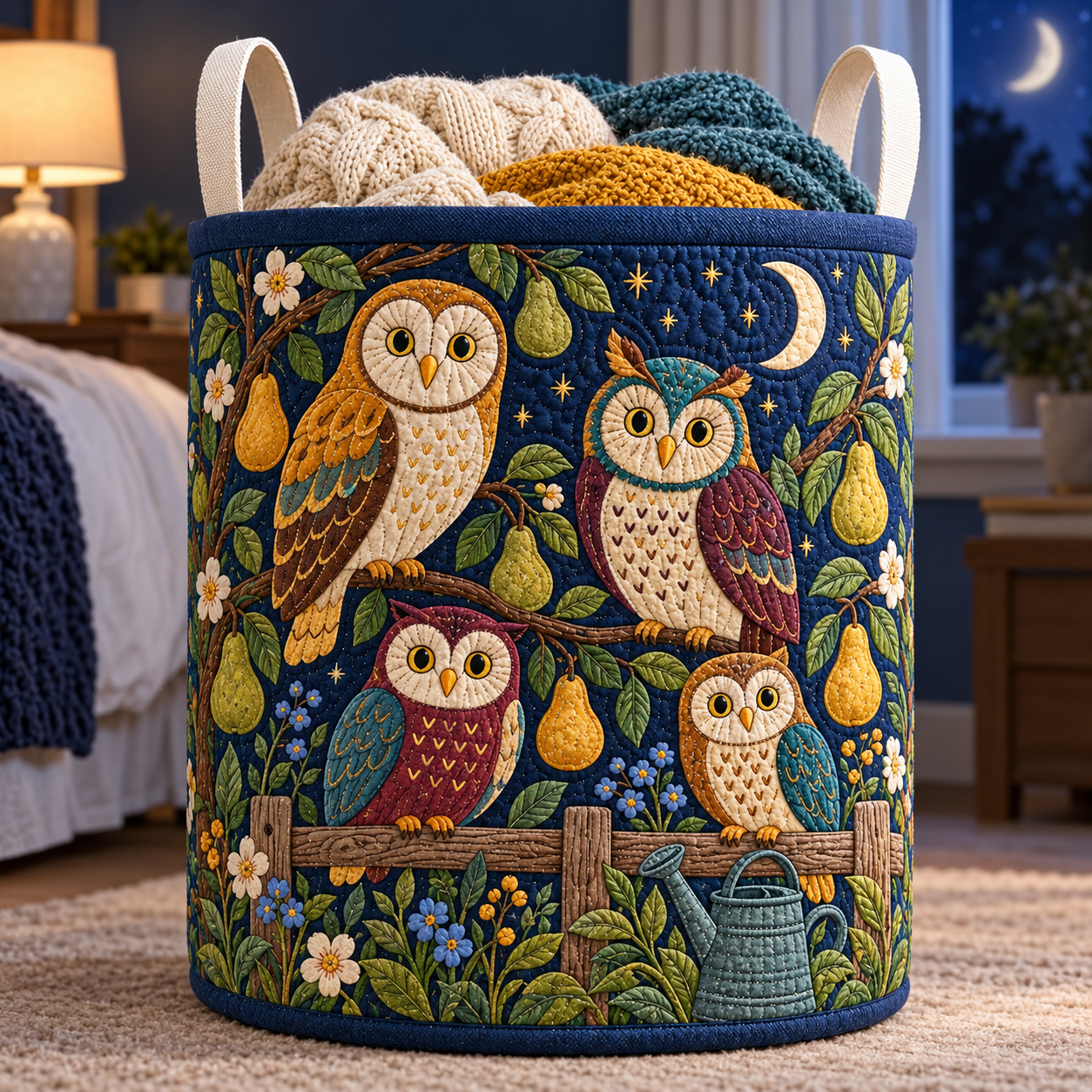 Moonlit Owl Garden Quilted Laundry Basket