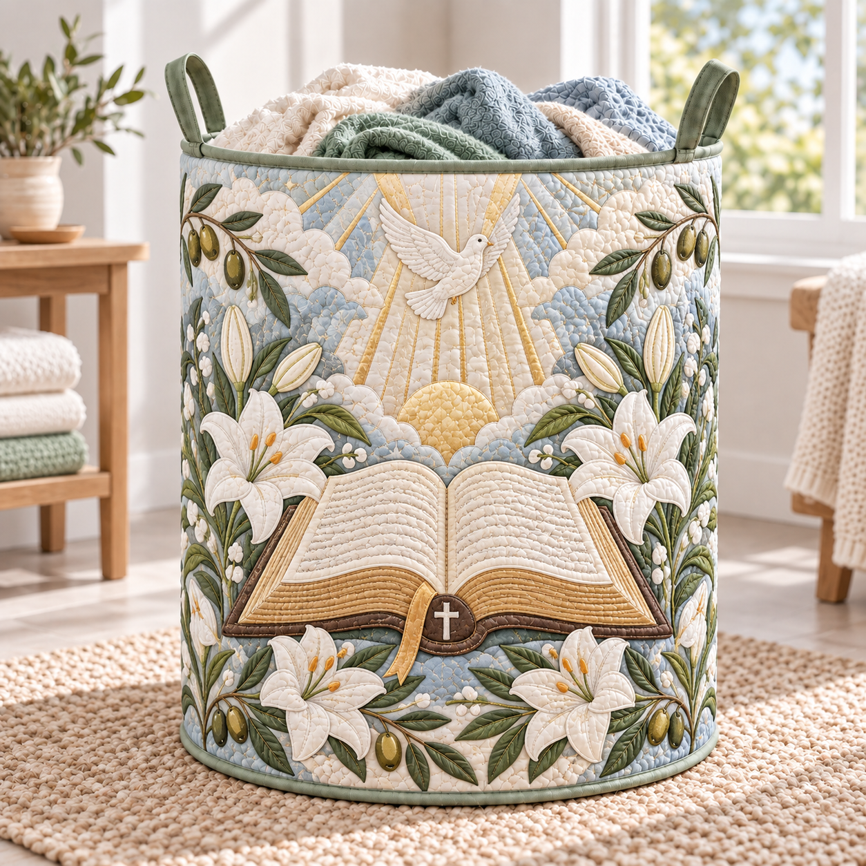 Dove & Open Bible Lily Garden Quilted Laundry Basket