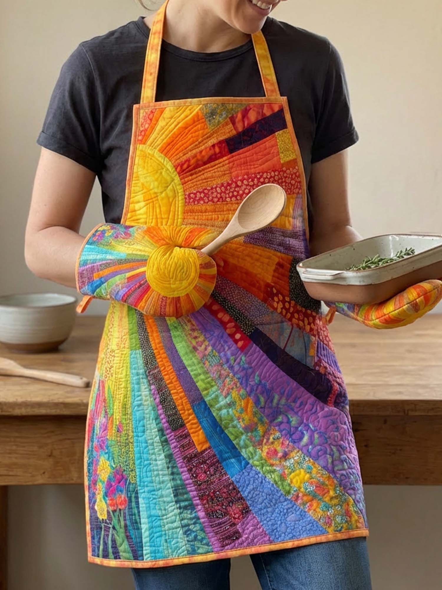 Hippie Sun Quilted Apron Set (2-Piece) – Padded Apron + Heat-Resistant Oven Mitts