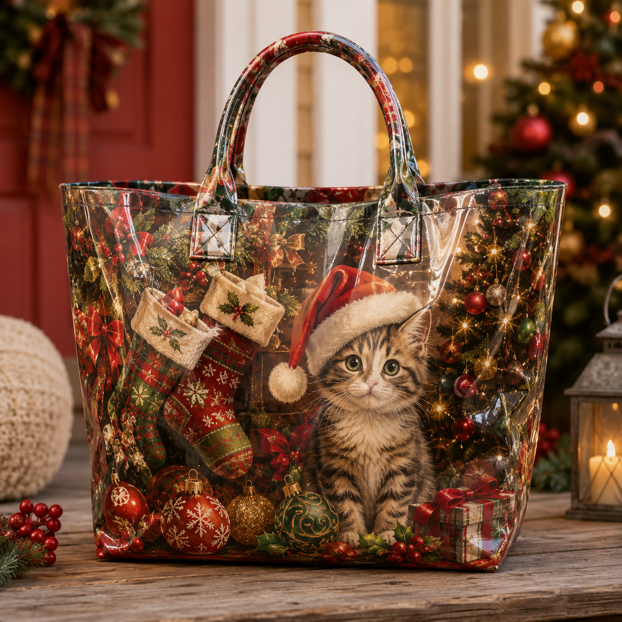 Santa Kitten Christmas Stocking PVC Tote Bag
