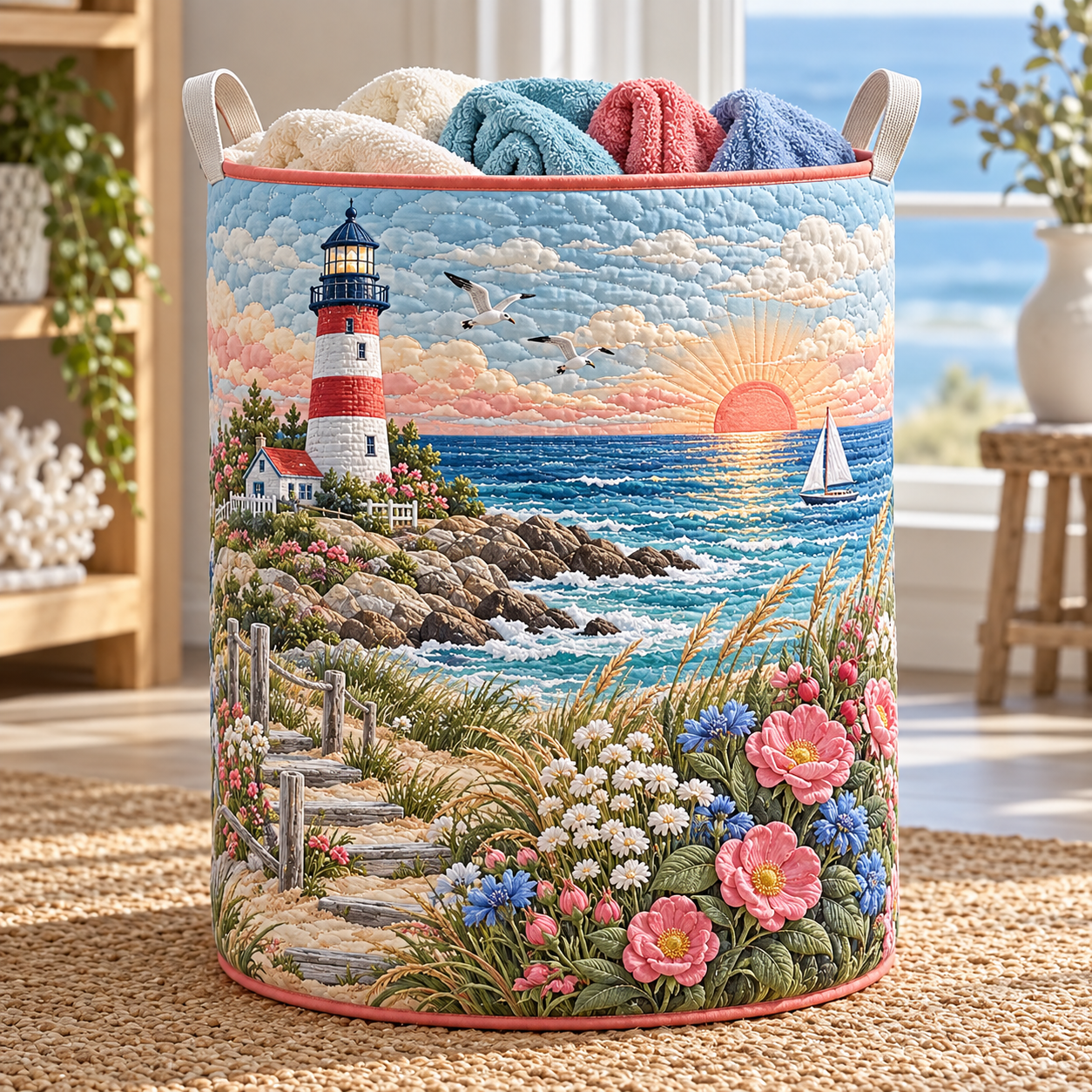 Seaside Lighthouse Floral Path Quilted Laundry Basket