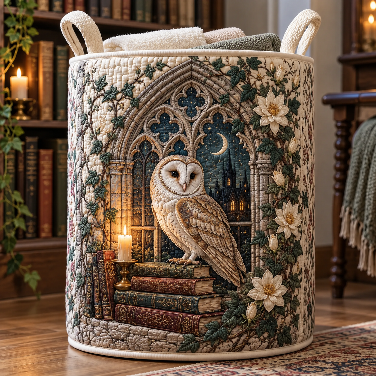 Gothic Owl Library Garden Quilted Laundry Basket