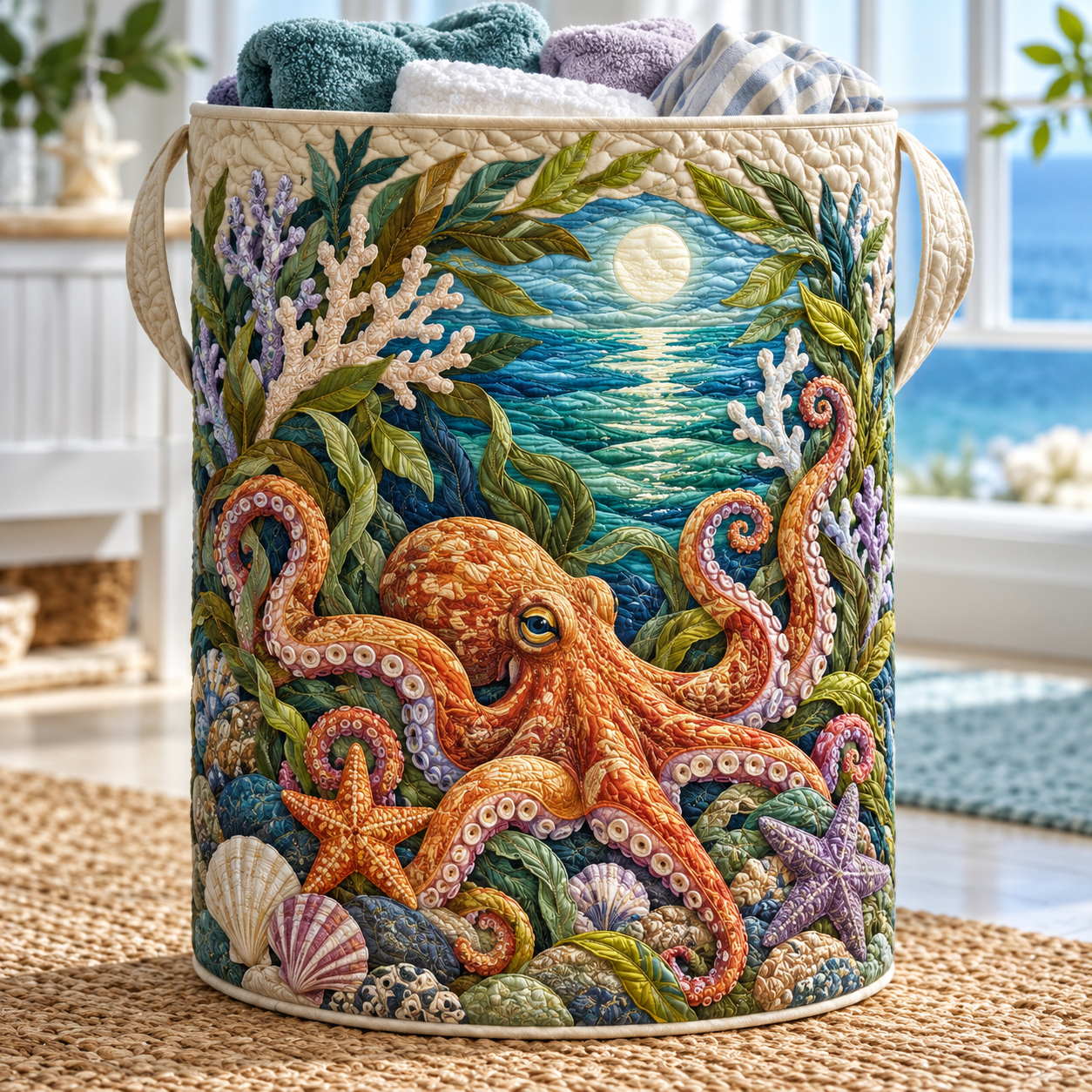 Moonlit Octopus Reef Quilted Laundry Basket