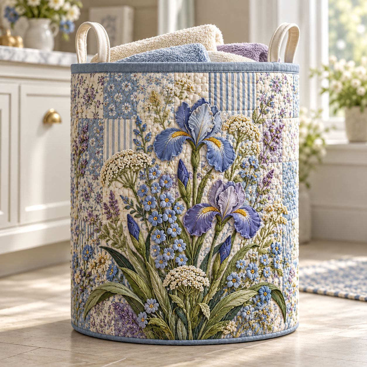 Blue Iris Wildflower Meadow Quilted Laundry Basket