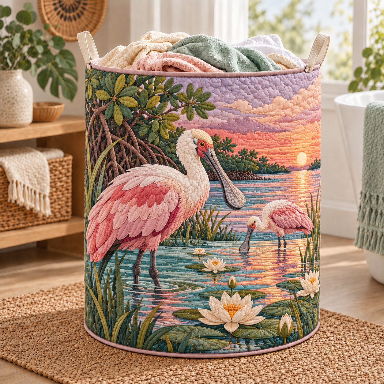 Pink Flamingo Sunset Wetlands Quilted Laundry Basket