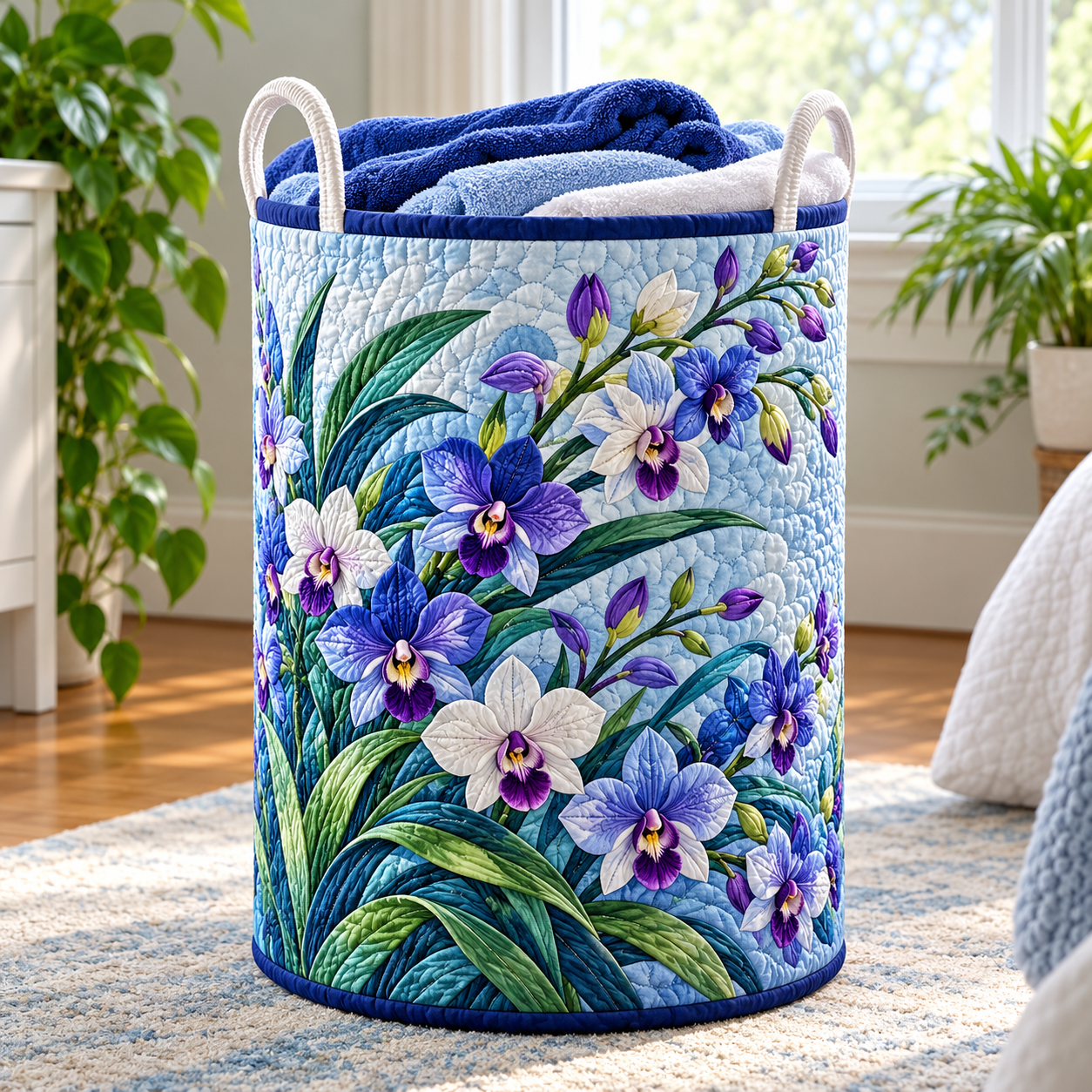 Blue Purple Orchid Bloom Quilted Laundry Basket