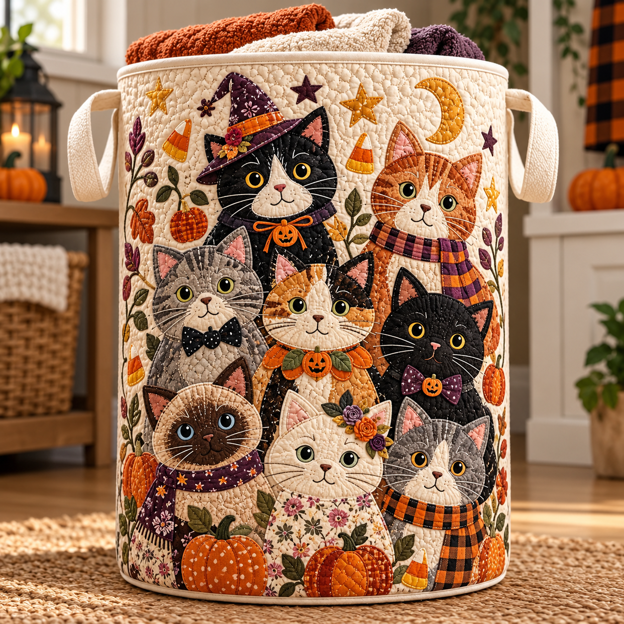 Halloween Cat Party Quilted Laundry Basket
