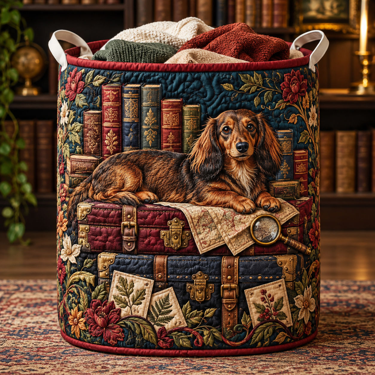 Cozy Book Nook Dachshund Quilted Laundry Basket