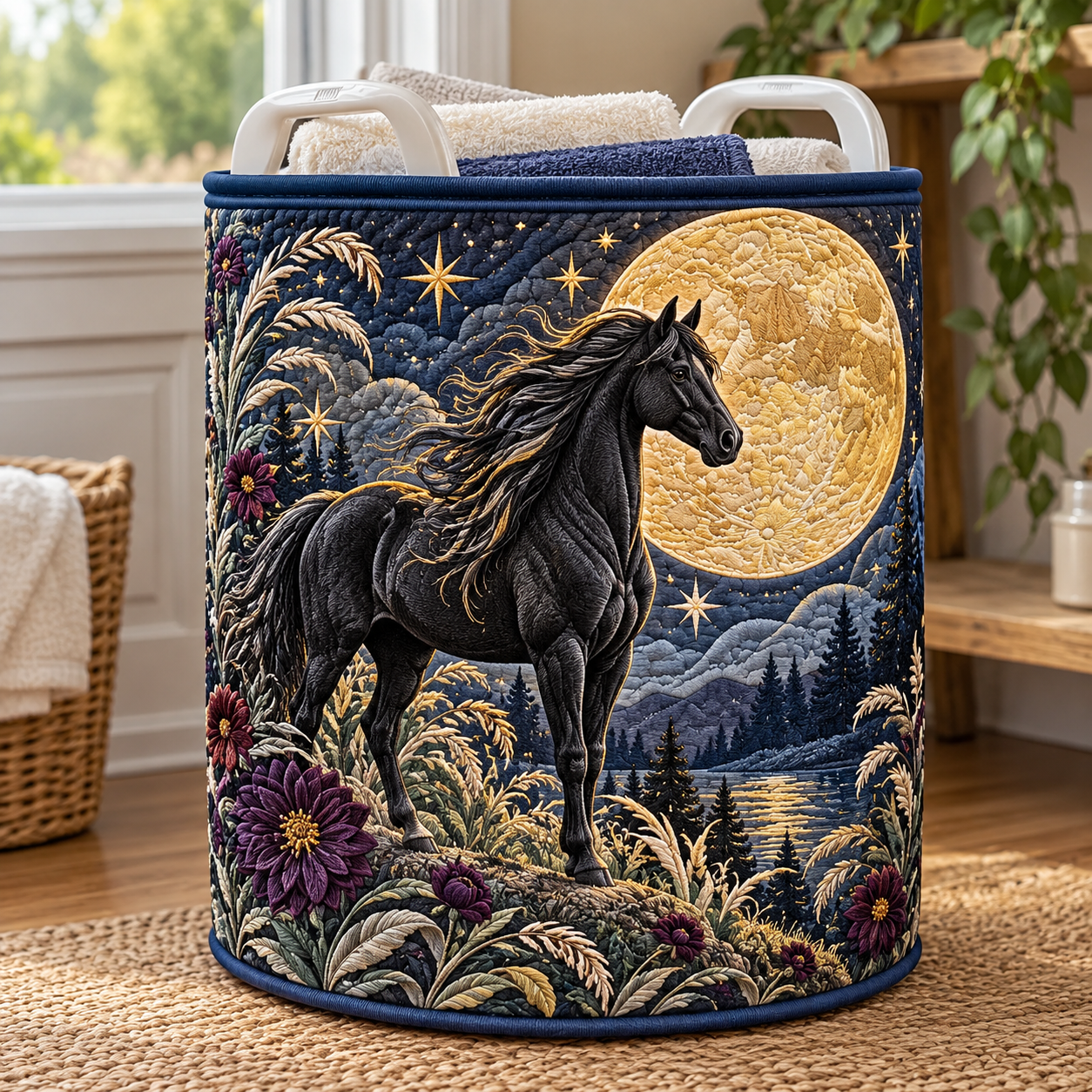 Moonlit Black Horse Quilted Laundry Basket