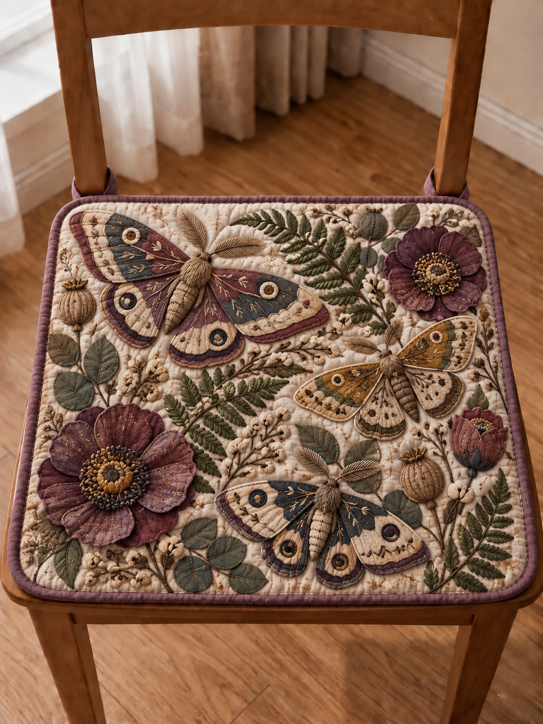 Botanical Moth Garden Quilted Chair Cushion