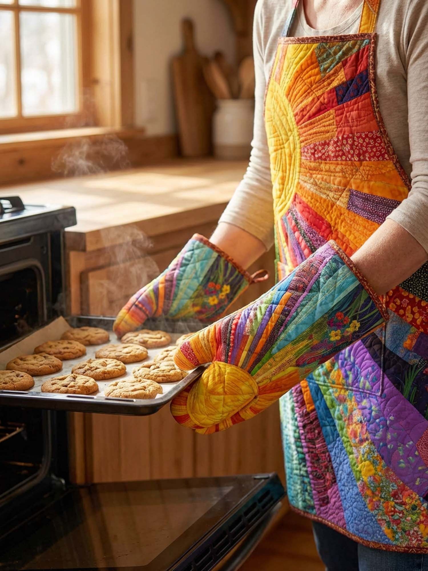 Hippie Sun Quilted Apron Set (2-Piece) – Padded Apron + Heat-Resistant Oven Mitts