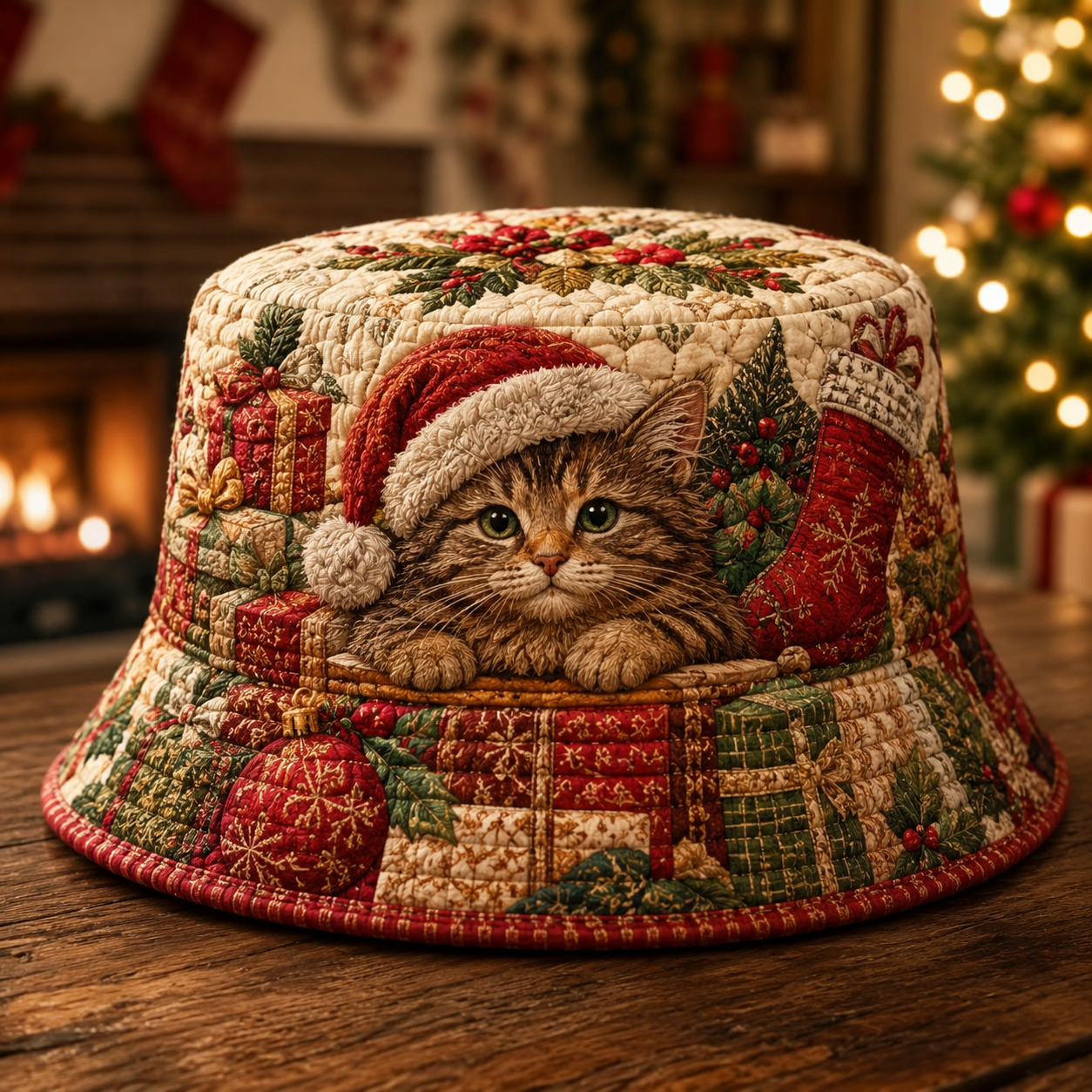 Christmas Kitten Stocking Quilted Fishing Hat