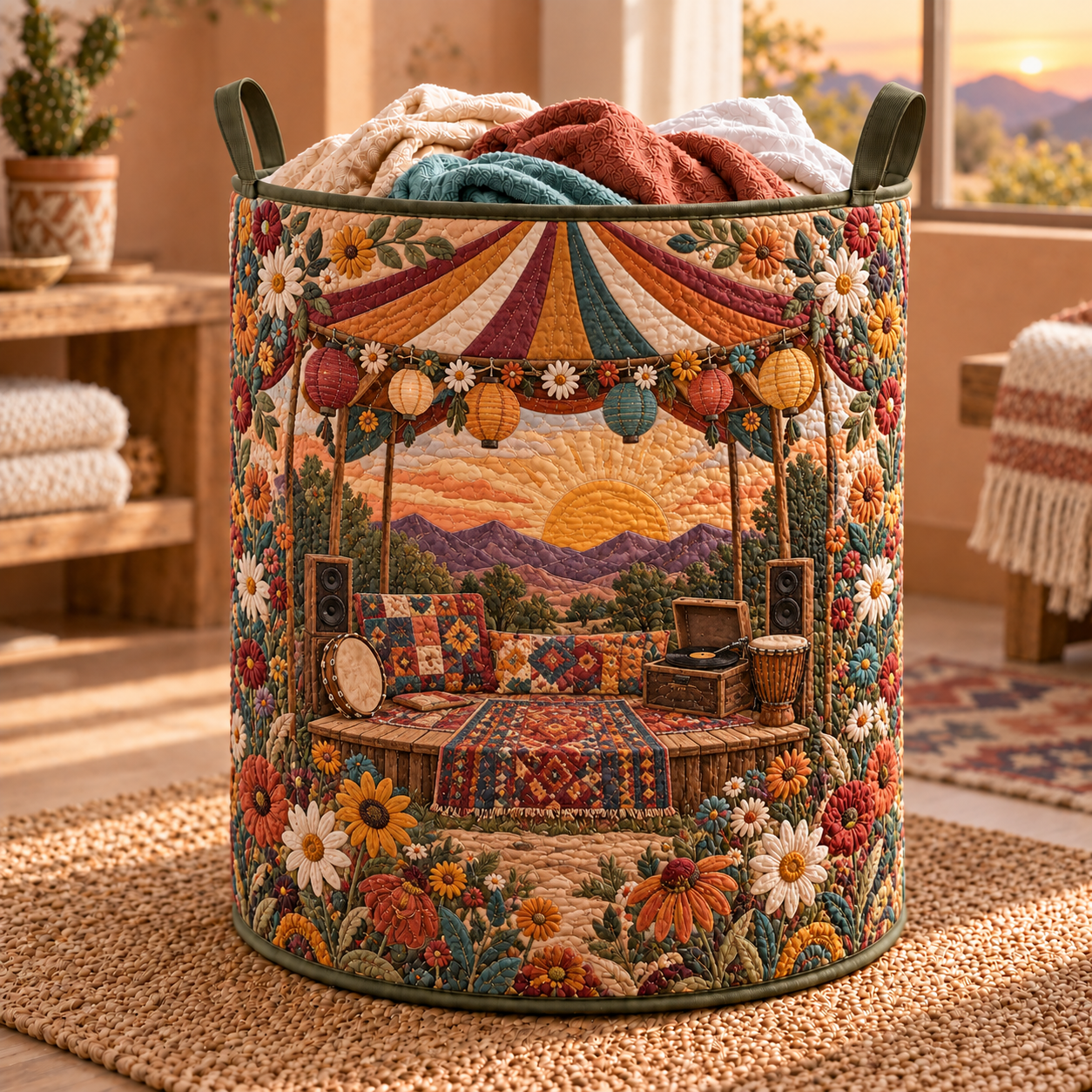 Boho Festival Sunset Quilted Laundry Basket