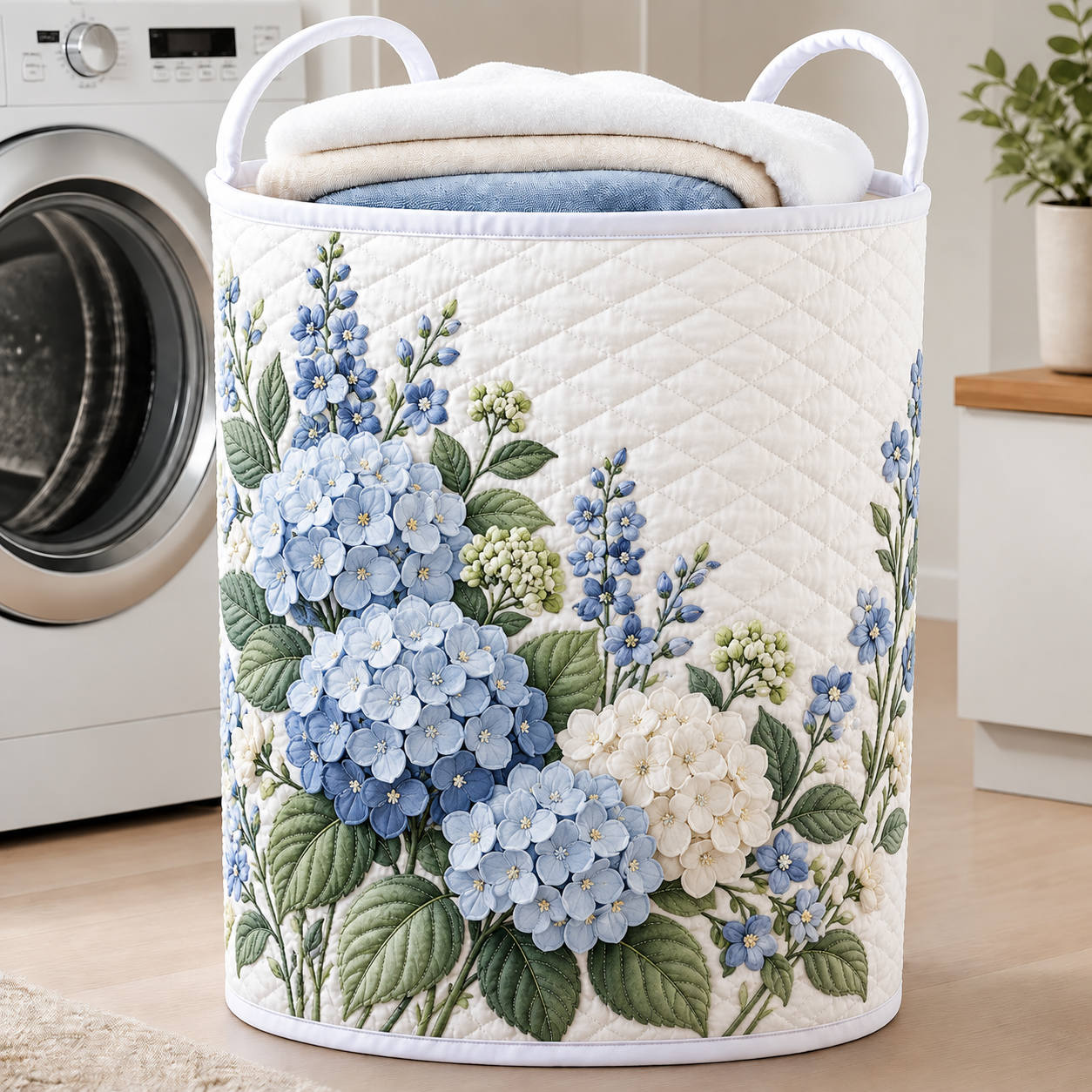 Blue Hydrangea Garden Quilted Laundry Basket
