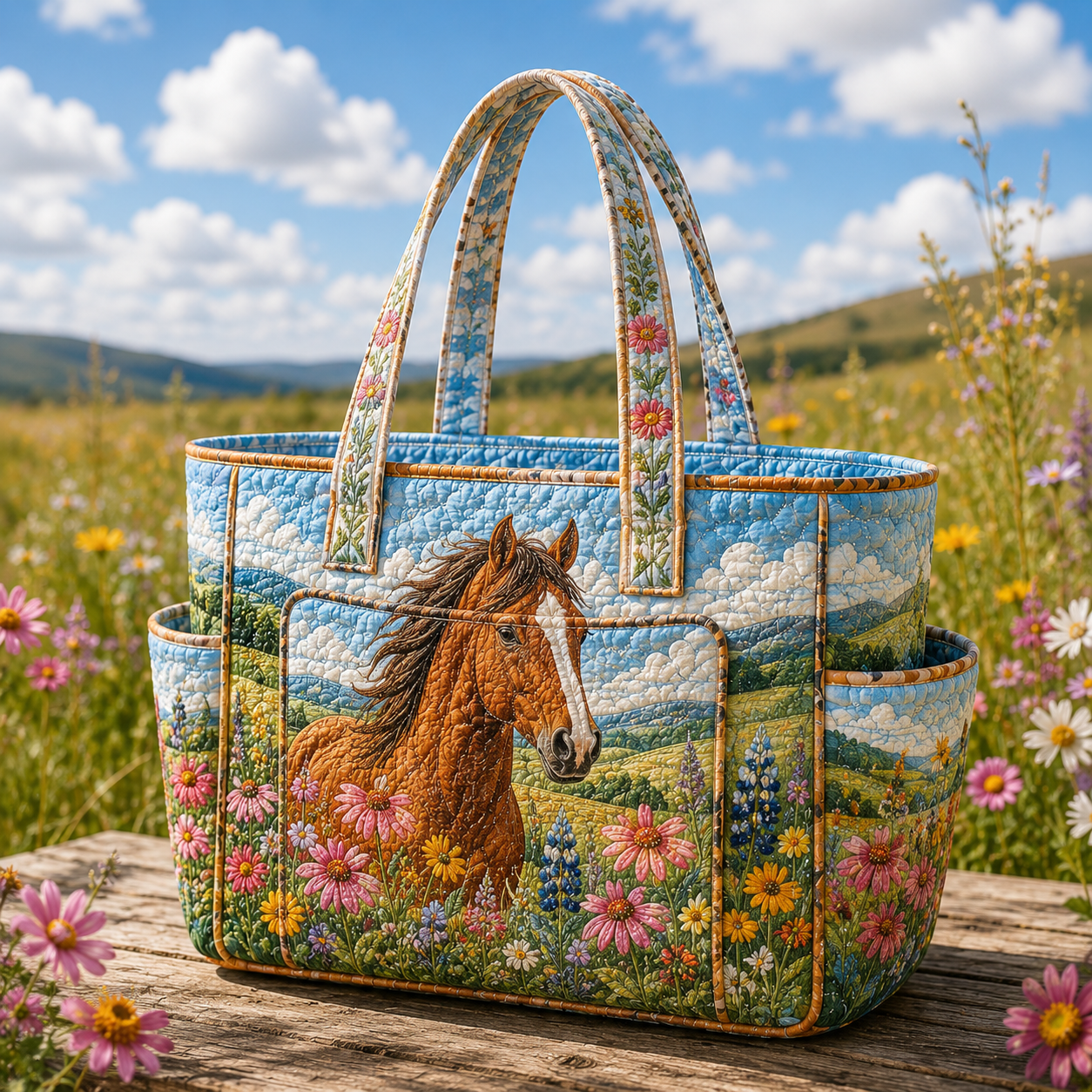Wild Horse Meadow Multiple Pockets Quilted Tote Bag