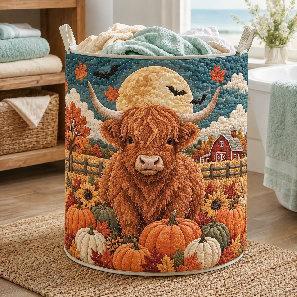 Highland Cow Autumn Moon Quilted Laundry Basket