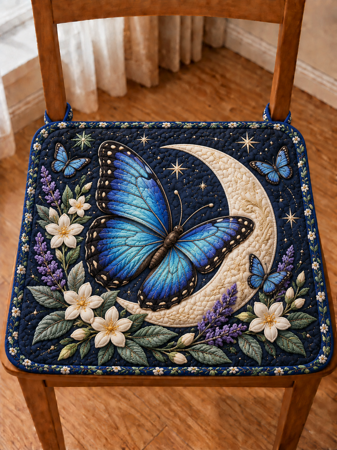 Moonlit Blue Butterfly Garden Quilted Chair Cushion